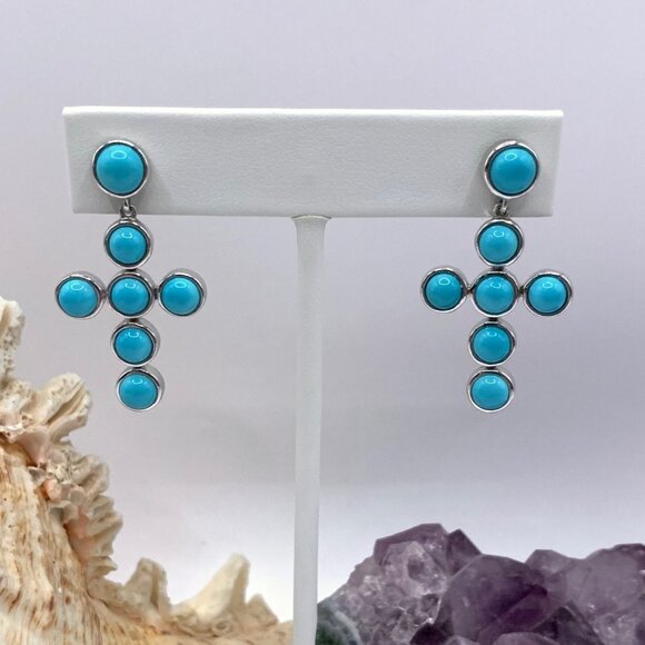 Turquoise Sterling Silver Robins Egg Blue Pierced Cross Earrings KHR 925 J876 - Picture 1 of 6